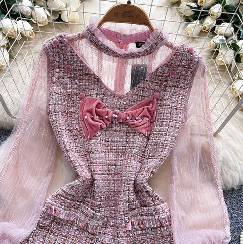 Bow-tie Pink Mesh Patchwork Dress