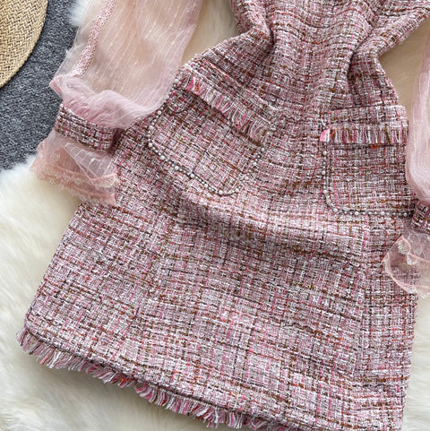 Bow-tie Pink Mesh Patchwork Dress