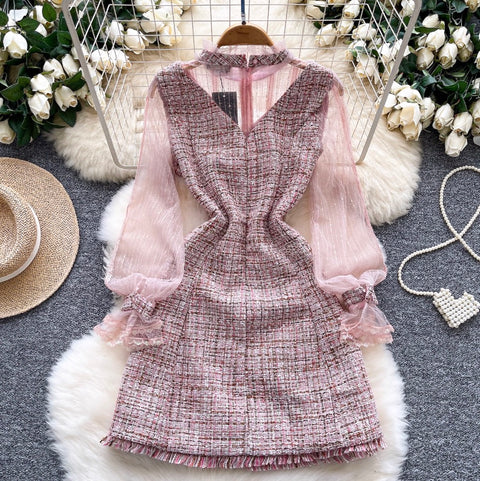 Bow-tie Pink Mesh Patchwork Dress