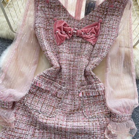 Bow-tie Pink Mesh Patchwork Dress
