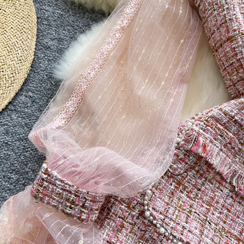 Bow-tie Pink Mesh Patchwork Dress