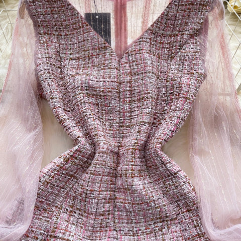 Bow-tie Pink Mesh Patchwork Dress