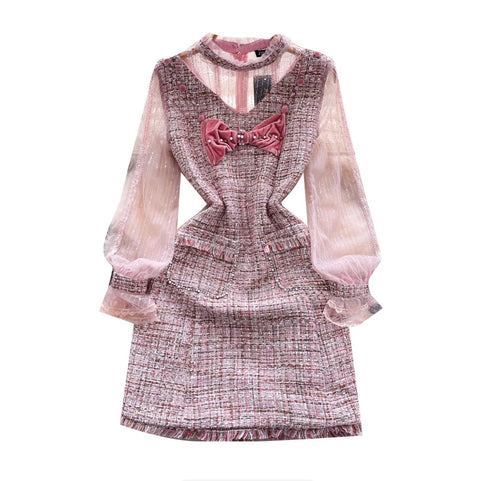 Bow-tie Pink Mesh Patchwork Dress