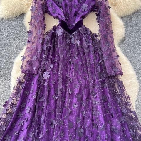 Delicate Floral Embroidered Purple Dress