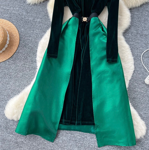 Green Suede Patchwork Party Dress