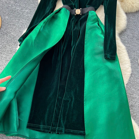 Green Suede Patchwork Party Dress