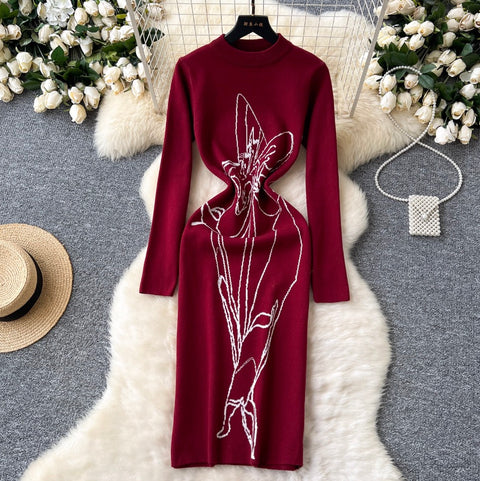 Line Print Crew-neck Sweater Dress