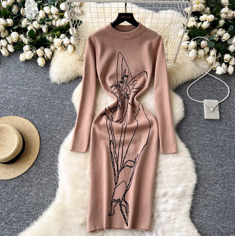 Line Print Crew-neck Sweater Dress