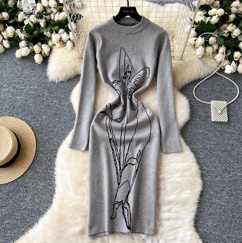 Line Print Crew-neck Sweater Dress
