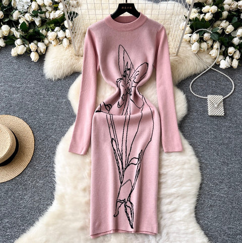 Line Print Crew-neck Sweater Dress