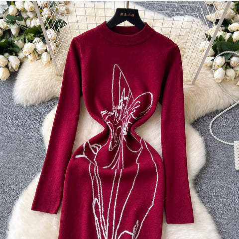 Line Print Crew-neck Sweater Dress