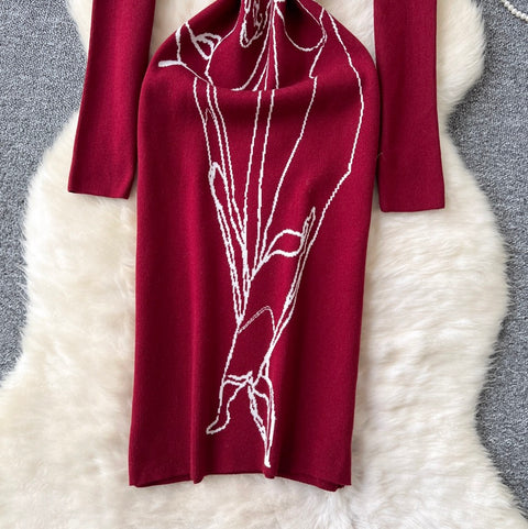 Line Print Crew-neck Sweater Dress