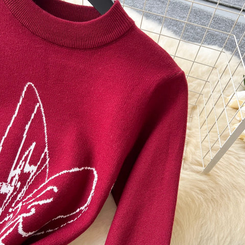 Line Print Crew-neck Sweater Dress