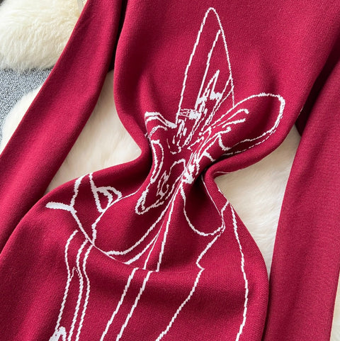 Line Print Crew-neck Sweater Dress