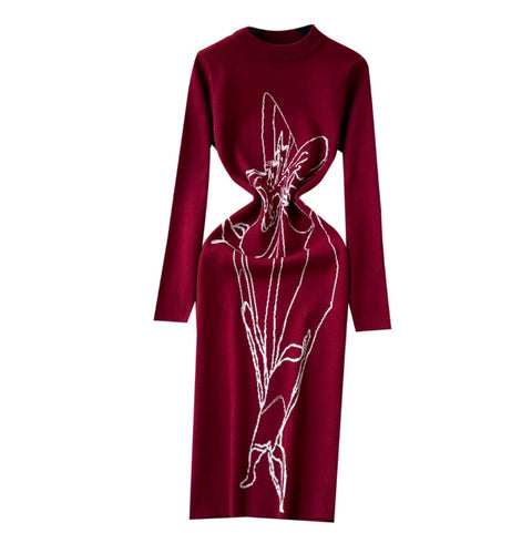 Line Print Crew-neck Sweater Dress