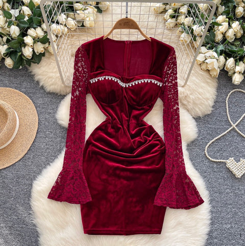 High-end Beaded Lace Ptchwork Dress