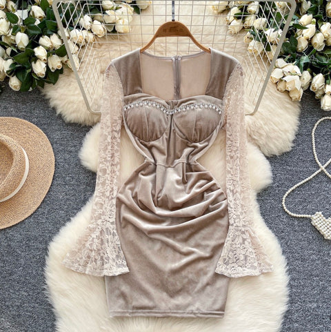 High-end Beaded Lace Ptchwork Dress