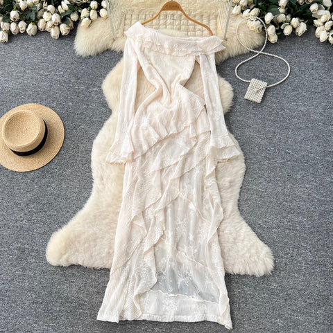 Irregular Design Ruffled Split Apricot Dress