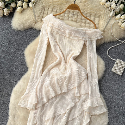 Irregular Design Ruffled Split Apricot Dress