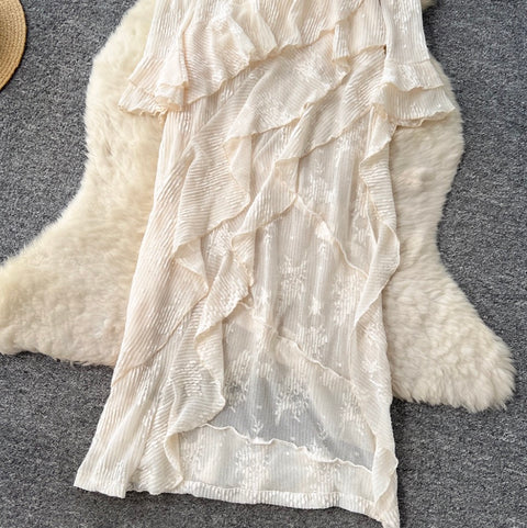 Irregular Design Ruffled Split Apricot Dress