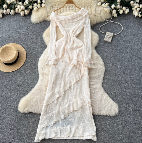 Irregular Design Ruffled Split Apricot Dress