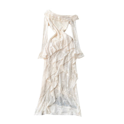 Irregular Design Ruffled Split Apricot Dress