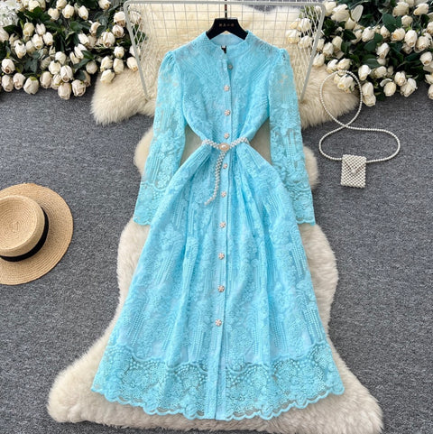 Embroidered Shirt Dress with Pearl Belt