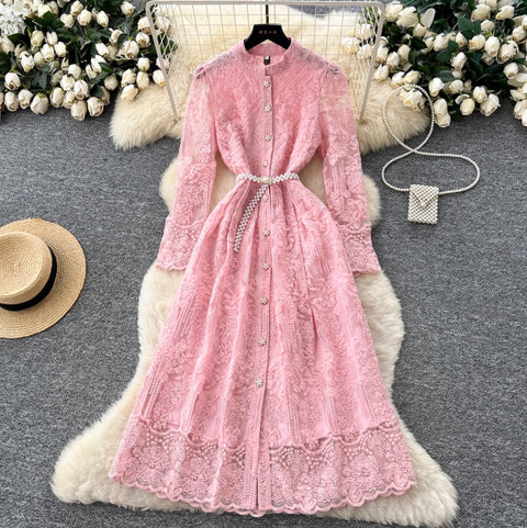 Embroidered Shirt Dress with Pearl Belt