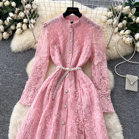 Embroidered Shirt Dress with Pearl Belt