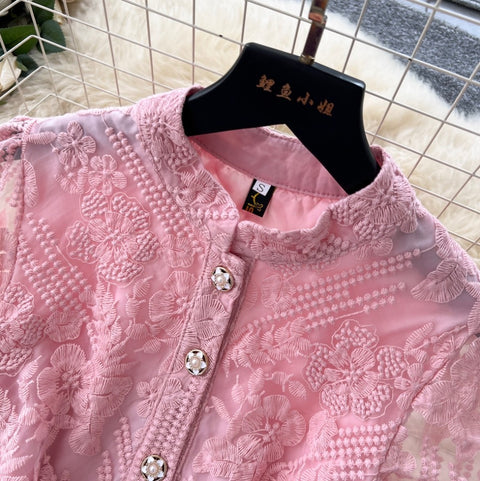 Embroidered Shirt Dress with Pearl Belt