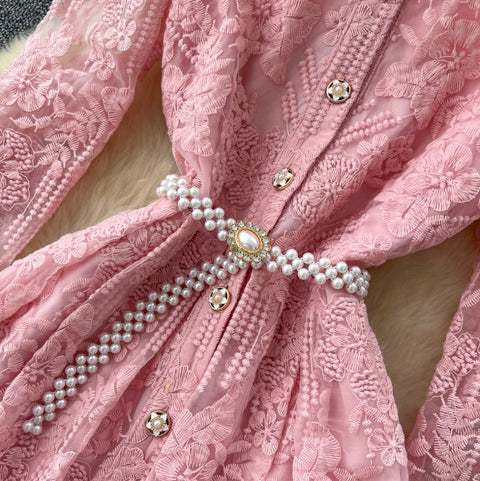 Embroidered Shirt Dress with Pearl Belt