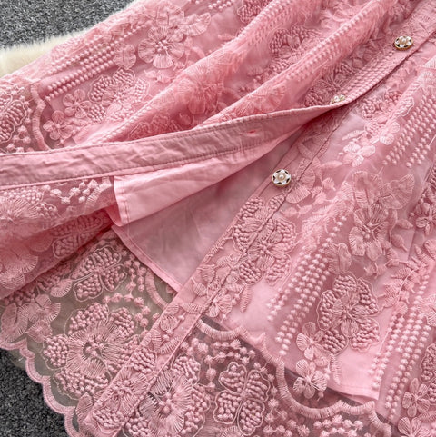 Embroidered Shirt Dress with Pearl Belt