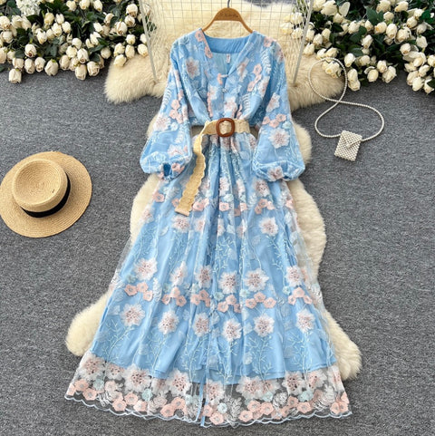 V-neck Floral Print Blue Dress