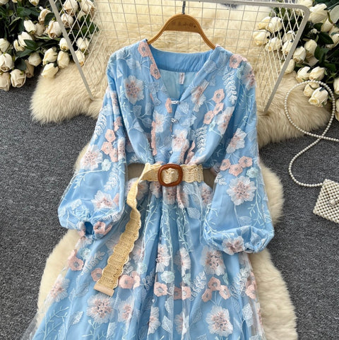 V-neck Floral Print Blue Dress