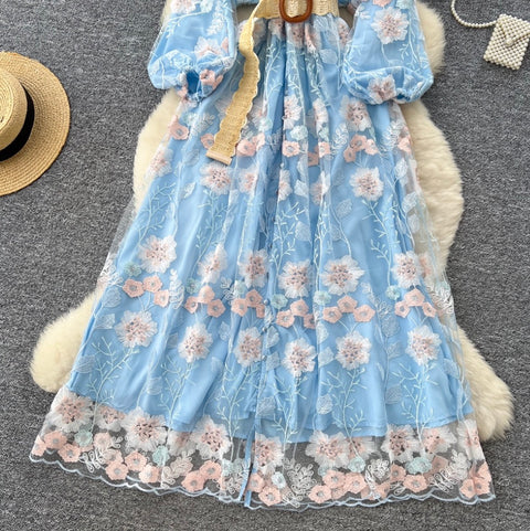 V-neck Floral Print Blue Dress