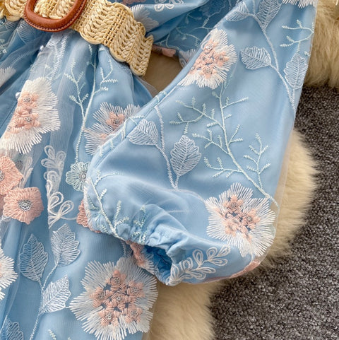 V-neck Floral Print Blue Dress