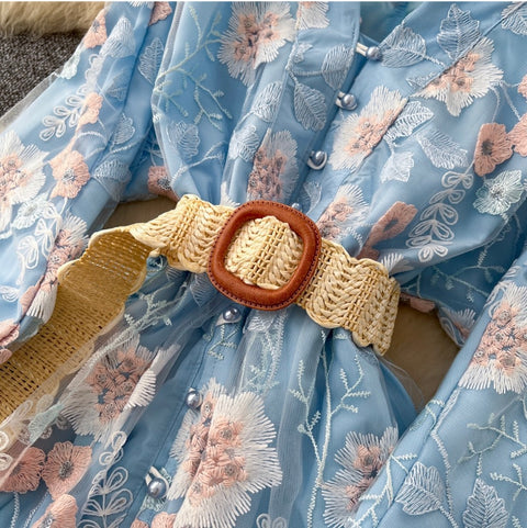 V-neck Floral Print Blue Dress