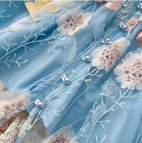 V-neck Floral Print Blue Dress