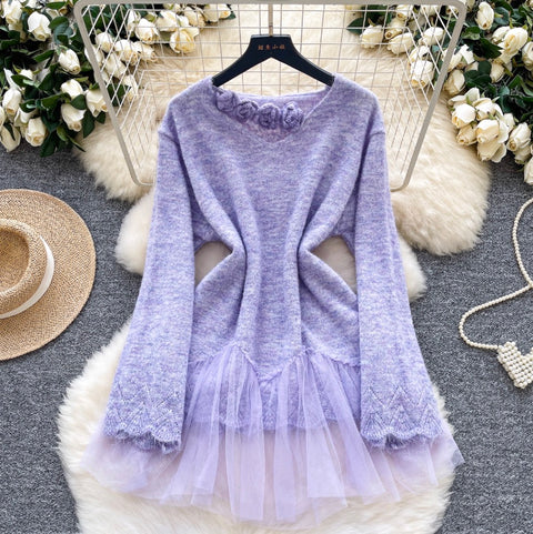 3d Flower Mesh Patchwork Sweater