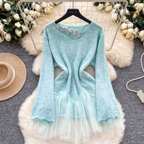 3d Flower Mesh Patchwork Sweater