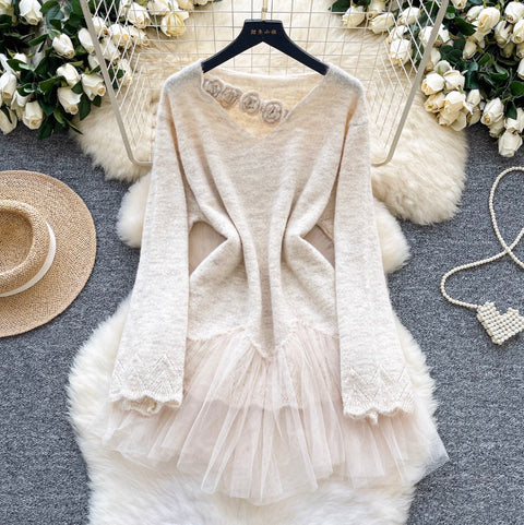 3d Flower Mesh Patchwork Sweater