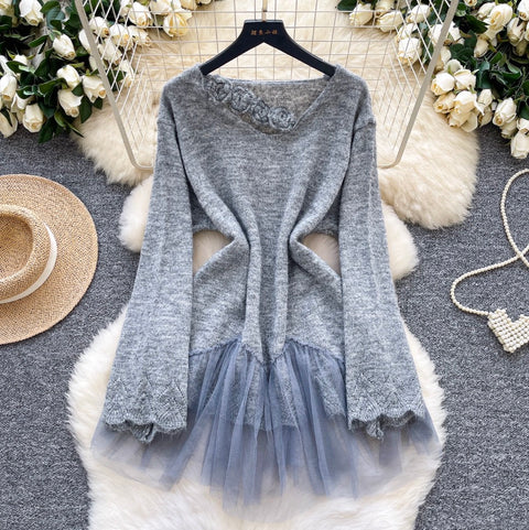 3d Flower Mesh Patchwork Sweater
