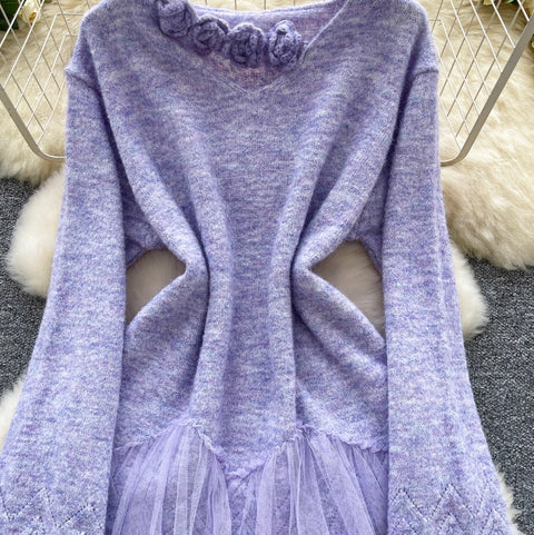 3d Flower Mesh Patchwork Sweater