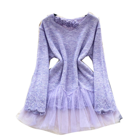 3d Flower Mesh Patchwork Sweater