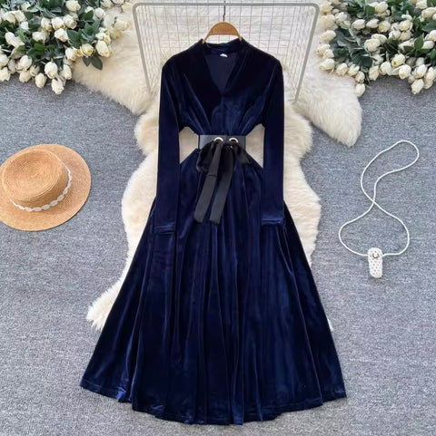 Premium V-neck Suede A-line Dress