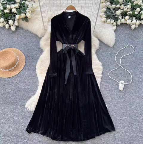 Premium V-neck Suede A-line Dress