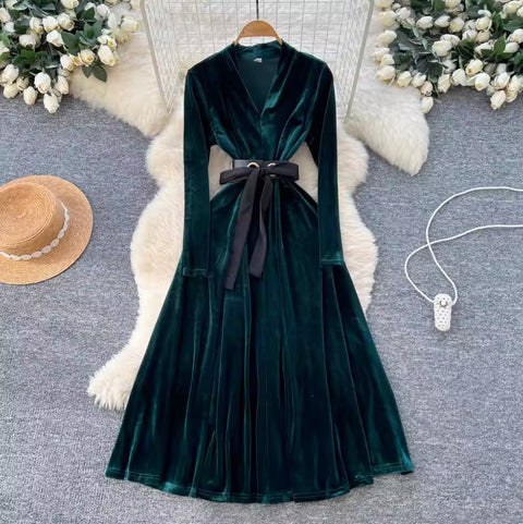 Premium V-neck Suede A-line Dress