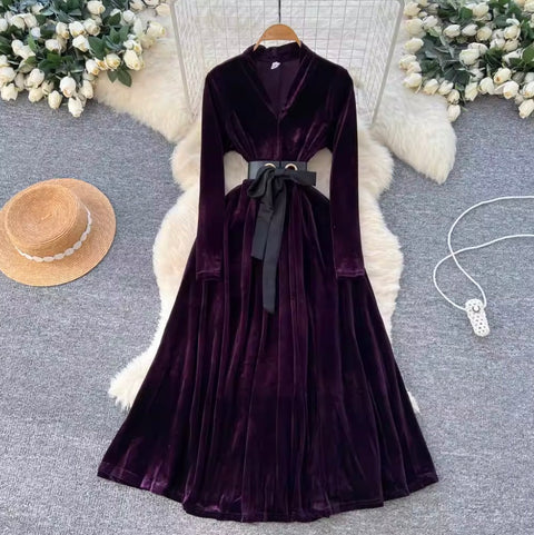 Premium V-neck Suede A-line Dress