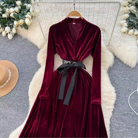 Premium V-neck Suede A-line Dress