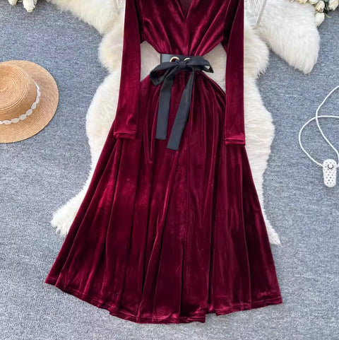 Premium V-neck Suede A-line Dress